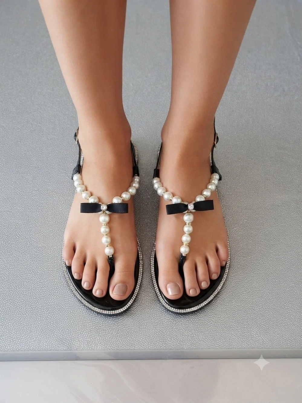 Styluxe Black Pearl Bow T-Strap Sandals